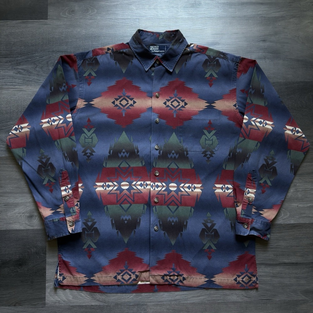 VTG Polo Ralph Lauren Southwestern Navajo Aztec Shirt Mens L Native American